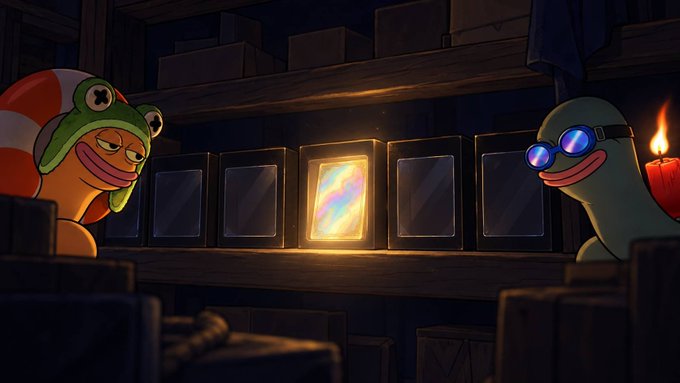 Two cartoon characters, one wearing a green frog hat and another with blue glasses, gaze at a glowing colorful crystal card displayed on a wooden shelf in a dimly lit room.
