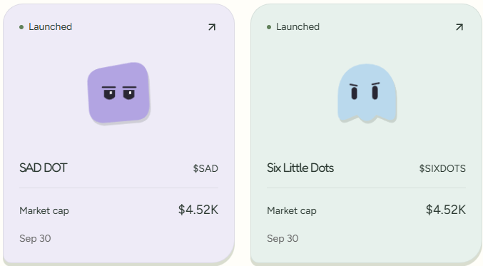 Two cryptocurrency token displays showing 'SAD DOT' ($SAD) and 'Six Little Dots' ($SIXDOTS), each with a market cap of $4.52K, dated Sep 30, both marked as Launched.