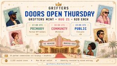 A promotional banner for Griffins Academy 'Doors Open Thursday' with timing 10:00 AM to 06:00 PM, featuring classes for Primary, Community, and Public audiences on August 22nd.