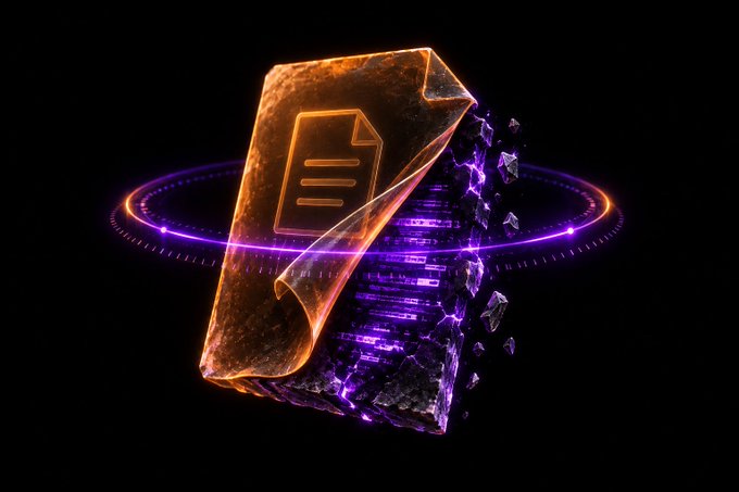 A glowing, holographic document icon emerges from a dark, cracked stone tablet surrounded by purple energy rings and floating debris, symbolizing the unveiling of innovative technology. This striking visual metaphor aligns with the post's enthusiasm about $WORM's cutting-edge tech being revealed during a pullback opportunity.