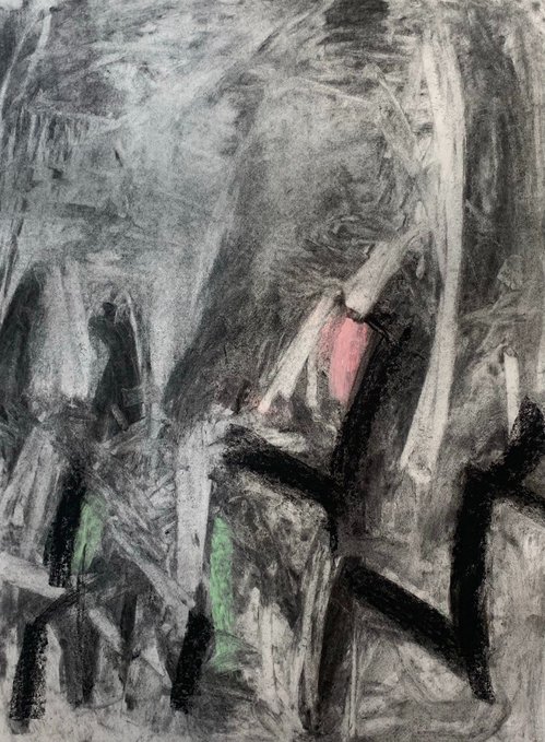 An abstract painting or artwork rendered in dark charcoal and black tones with hints of pink and green, featuring rough, expressive brushwork.