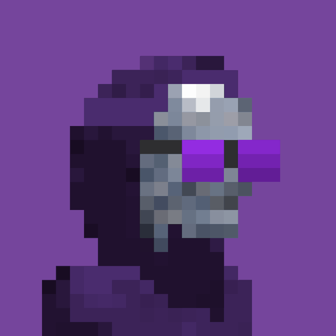 A pixel art portrait of a character in a gray and purple helmet, possibly representing a Halo or similar sci-fi video game character, set against a solid purple background.