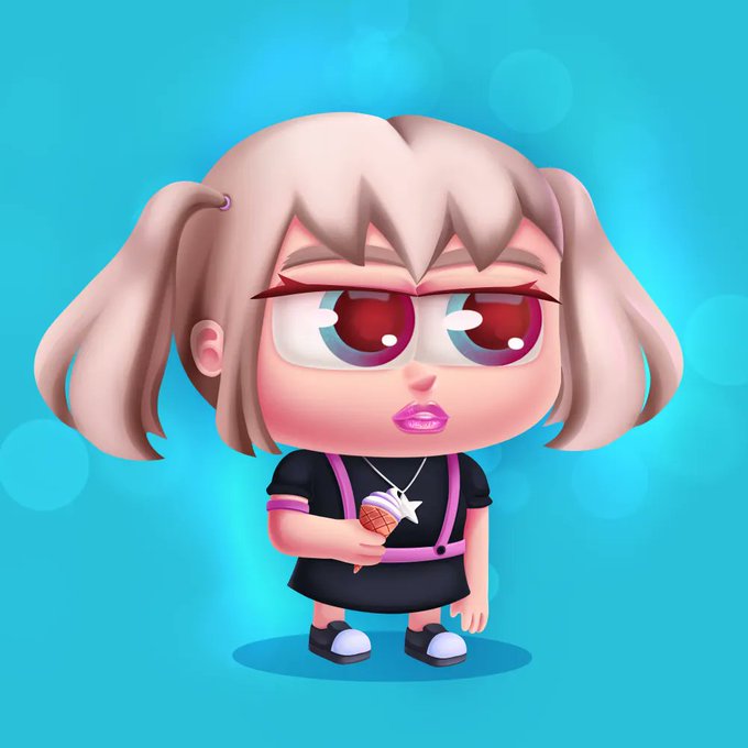 A cartoon girl with pigtails, red eyes, and a black dress holds an ice cream cone and wears a star necklace against a blue background—suggesting a sweet treat rather than the beers mentioned in the caption.