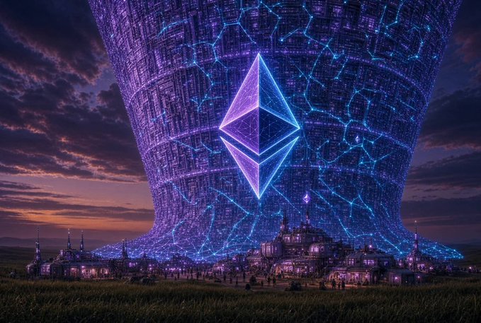 A vibrant digital artwork depicts a glowing Ethereum logo floating above a futuristic city, set against a massive purple and blue honeycomb-like structure.