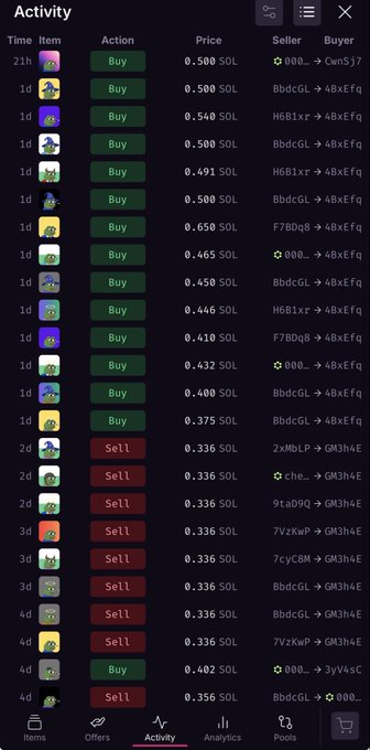 The image shows an NFT marketplace activity feed for the Cult Classic Pumpfun Pepe collection, displaying numerous buy and sell transactions priced between 0.336-0.650 SOL over the past 21 hours, with notable buyers like "Cwm5j7" and "4BxEFq" and sellers like "GM3h4E" and "Jyv4vC".