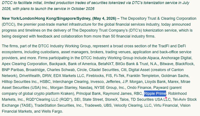 "BREAKING: $XRP just got another major signal from Wall Street." The image shows a financial news article about Ripple Prime, an initial coin offering by Ripple Inc., getting another major signal from Wall Street. The article mentions that Ripple Prime is joining the tokenization working group and has been confirmed to participate in it alongside various names in finance, including BlackRock @ goldman & jpmorgan. The headline suggests that this latest development may have a significant impact on the cryptocurrency market.