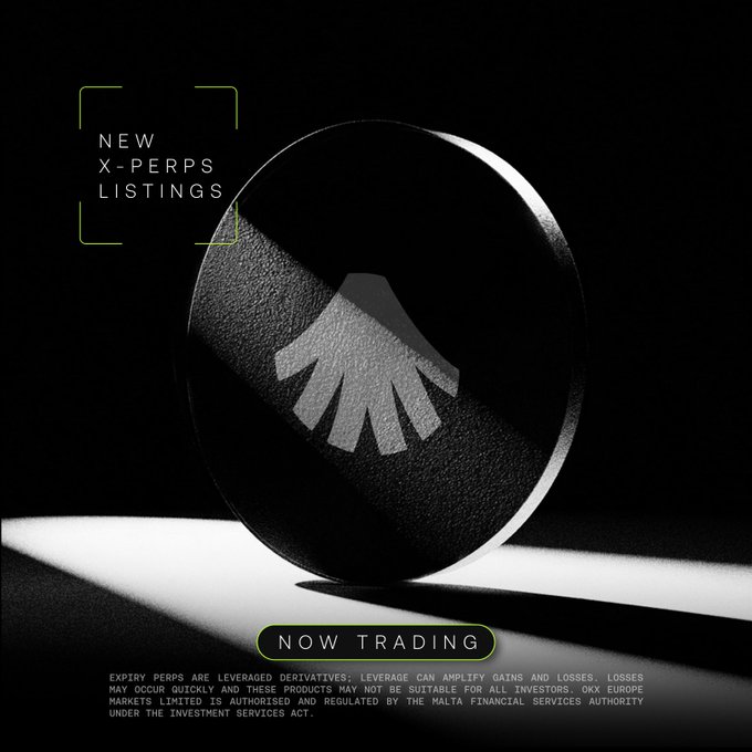 A sleek promotional graphic for OKX Europe Markets announcing 'NEW X-PERPS LISTINGS' and 'NOW TRADING,' featuring a dark coin with a bird-like emblem and a disclaimer about leveraged derivatives.