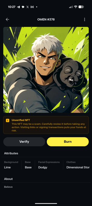 Mobile screenshot of an NFT page titled 'OMEN #378' showing an anime-style muscular character with white hair and a panda on his back, marked as 'Unverified NFT' with Verify and Burn buttons.