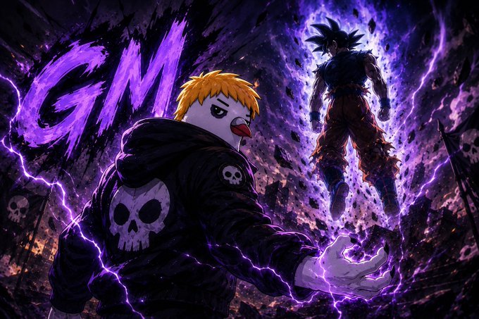 A vibrant anime-style illustration featuring a duck-headed character in a black skull hoodie with 'GM' in purple text, facing a silhouetted Goku figure amidst purple lightning.