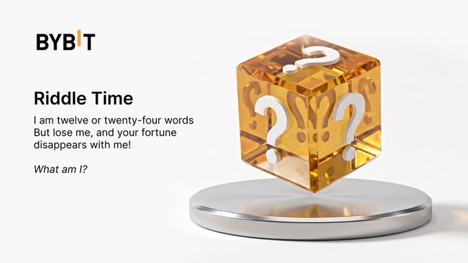 The image shows a Bybit "Riddle Time" puzzle featuring a glowing orange Luck Block from the Mario video game series covered in question marks, hovering above a silver platform. The riddle reads: "I am twelve or twenty-four words / But lose me, and your fortune / disappears with me! / What am I?"
