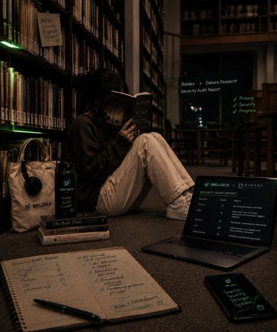 An atmospheric scene of a person reading in a library with a Beldex x Dakara Research Security Audit Report theme, featuring a laptop displaying the audit, a notebook with handwritten audit notes, and Beldex-branded merchandise including a tote bag, water bottle, and phone case.