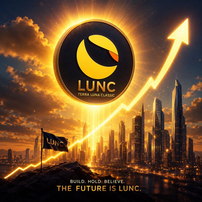 This image shows a golden LUNC coin, a soaring arrow, a city skyline, and a flag with "LUNC" on it, symbolizing growth and belief in Terra Luna Classic's future. The text "BUILD. HOLD. BELIEVE. THE FUTURE IS LUNC." directly reflects the optimistic sentiment of the accompanying post.