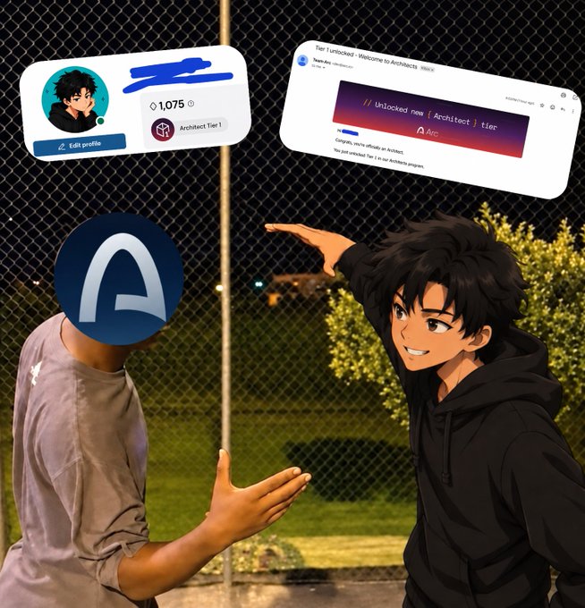 A creative composite image showing a real person with an Arch logo over their face facing an anime character; above them float UI cards showing a profile with '1,075' and 'Architect Tier 1', along with an 'Unlocked now | Architect | tier' notification.