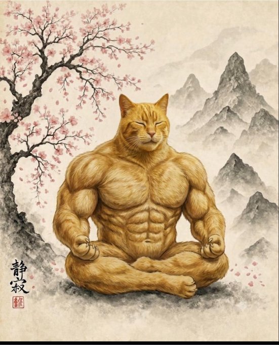 A whimsical ink-wash style illustration depicts a muscular orange tabby cat meditating in lotus position beneath a cherry blossom tree, with misty mountains in the background and Chinese/Japanese calligraphy and a red seal in the lower-left corner.
