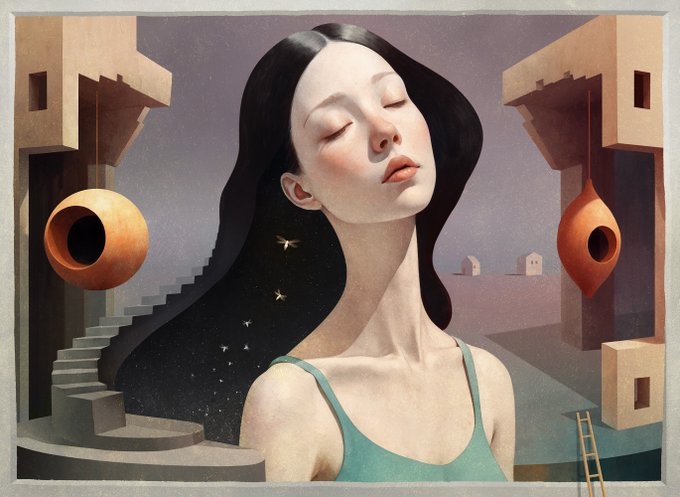 A surreal painting of a woman with long black hair speckled with stars, eyes closed, wearing a teal top, flanked by abstract architectural structures and floating clay-like vessels.