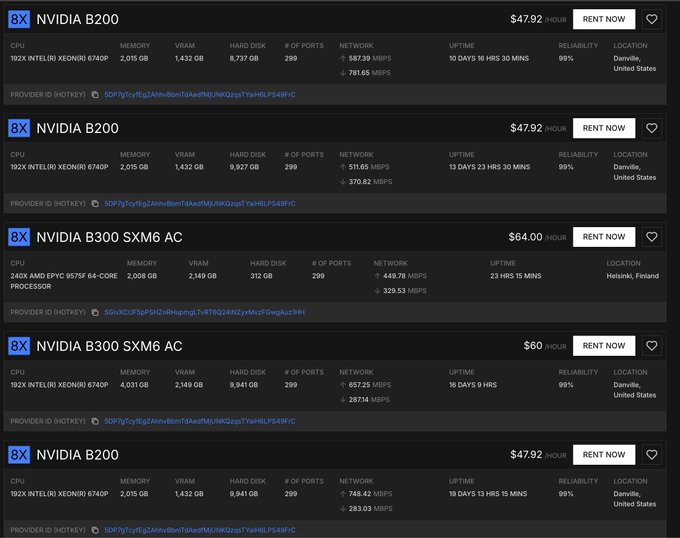 A screenshot of GPU rental listings showing NVIDIA B200 and NVIDIA B300 SXM6 AC servers priced between $47.92 and $64.00 per hour, with specs including 192X Intel Xeon 8740P CPU and various memory configurations.