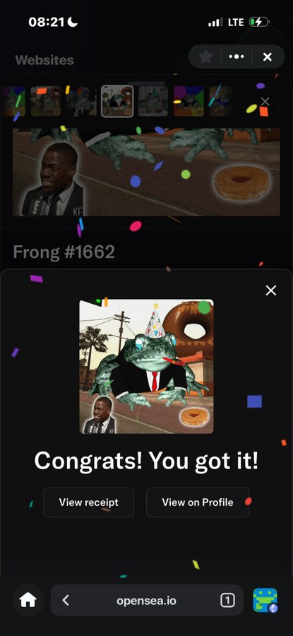 A screenshot from OpenSea shows a successful NFT purchase confirmation with confetti overlay, displaying "Congrats! You got it!" for an NFT called "Frong #1662" featuring a frog character in a suit with a party hat, which likely connects to the post about "it has rugged" referencing the NFT's meme nature.
