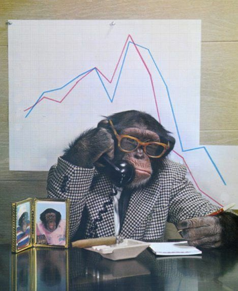A chimpanzee wearing a houndstooth jacket and large yellow glasses sits at a desk, holding a phone receiver to its ear, with a line graph displayed on the wall behind it.