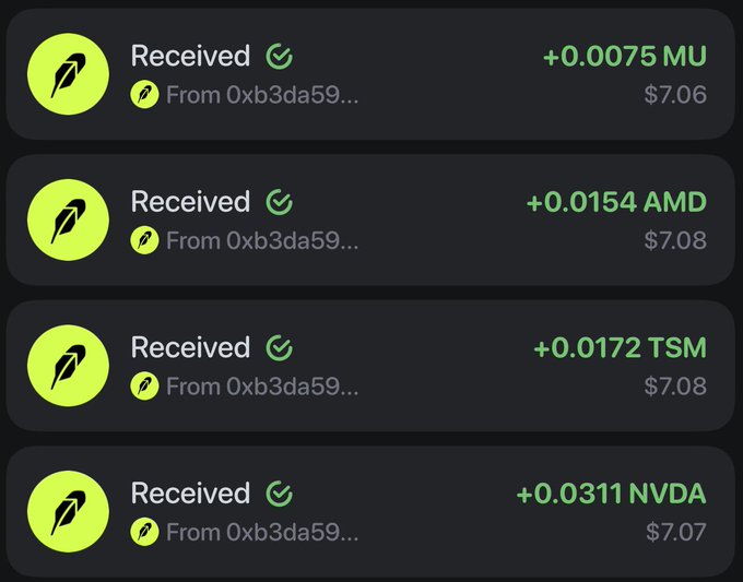 A mobile app interface showing four received transactions of fractional shares: +0.0075 MU, +0.0154 AMD, +0.0172 TSM, and +0.0311 NVDA, all from address 0xb3da59..., each valued around $7.07-$7.08.