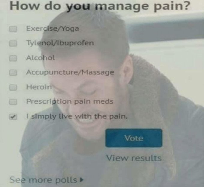 A poll titled "How do you manage pain?" overlays an image of a grimacing man, with the option "I simply live with the pain." checked—humorously matching the poster's frustration over Bitcoin failing to break out of its range highs.