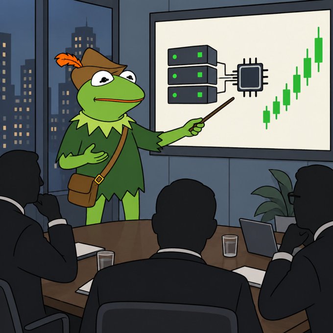 Kermit the Frog, dressed as Robin Hood, presents a chart showing servers connected to a microchip with a rising green candlestick pattern to silhouetted business executives in a boardroom. The post's optimistic tone about his "plan" being well-received matches the bullish upward chart, suggesting the executives are impressed by his profitable tech infrastructure strategy.