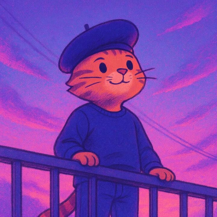 The image features a cartoon cat wearing a blue sweater, standing on top of a metal railing with its paws on the railings. The cat has a hat on its head and appears to be looking down at something below. The caption for this image reads "Morning prowl: unbothered excellence. $CWIF". This means that the cat is depicted as a character who is focused on their work or tasks, just like how someone might focus on their job in the morning.