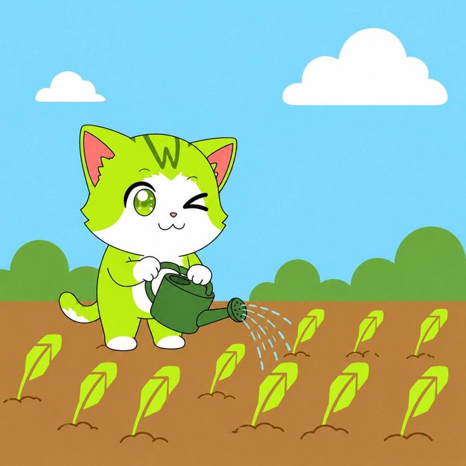 A cute cartoon cat character with green and white fur waters small plants in a garden with a green watering can under a blue sky.