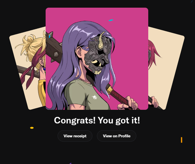 App interface showing a gacha-style character pull result with 'Congrats! You got it!' message, featuring a purple-haired anime character wearing a decorative mask, with buttons for 'View receipt' and 'View on Profile'.