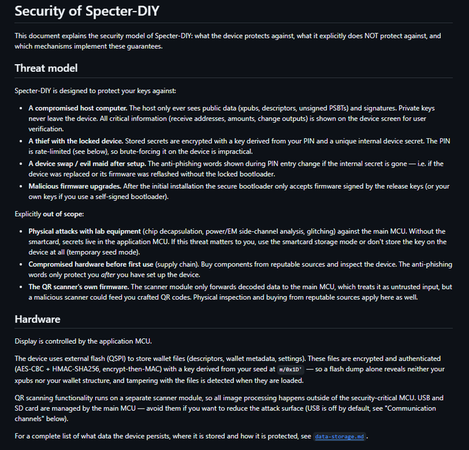 The image shows the "Security of Specter-DIY" documentation page, detailing the device's threat model and hardware security features. It outlines protections against compromised hosts, device thieves, and malicious firmware, while noting that physical attacks, hardware supply chain attacks, and malicious QR scanner firmware are explicitly out of scope. The post relates to the image by highlighting the expanded documentation of their security model and clarifying what data Specter stores after forgetting the private key, distinguishing it from truly stateless solutions like SeedSigner.