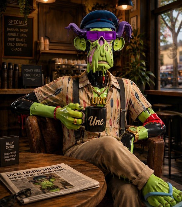 A green-skinned, melting character wearing a blue cap, purple sunglasses, and a gold 'UNC' chain sits in a coffee shop holding a mug labeled 'Une', with a newspaper headline reading 'LOCAL LEGEND SPOTTED' and menu items like 'BANANA BREW' and 'DRIP SAUCE' visible.