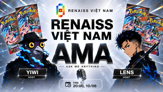 The image features a poster for an event called "Renaiss Việt Nam AMA Nội dung sẽ có hẹn trong tuần qua", which translates to "Ask Me Anything" in English. The poster includes two cartoon characters, one wearing a black hat and the other dressed as a pirate with a sword. The event is scheduled for Saturday at 8:00 am.
