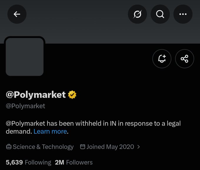 A dark-mode X profile page for “@Polymarket” includes a yellow verification badge and the notice, “@Polymarket has been withheld in IN in response to a legal demand. Learn more.”