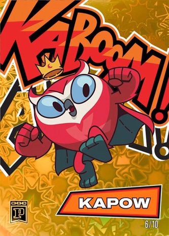 A collectible trading card featuring a red costumed superhero character with the name 'KAPOW' displayed at the bottom, marked 6/10, set against a yellow background with 'KAPOW!' comic-style text.