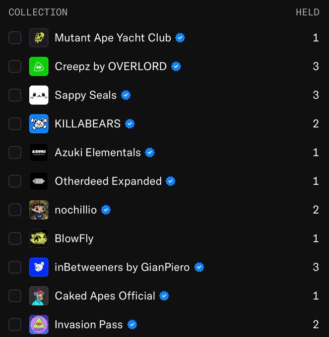 The image shows an NFT collection list with held counts: Mutant Ape Yacht Club (1), Creepz by OVERLORD (3), Sappy Seals (3), KILLABEARS (2), Azuki Elementals (1), Otherdeed Expanded (1), nochillio (2), BlowFly (1), inBetweeners by GianPiero (3), Caked Apes Official (1), and Invasion Pass (2). It appears to be the post’s “What’s missing?” visual for an Imaginary Ones hard-staking collection, but the text references “52 @Imaginary_Ones,” which is not visible in the list.