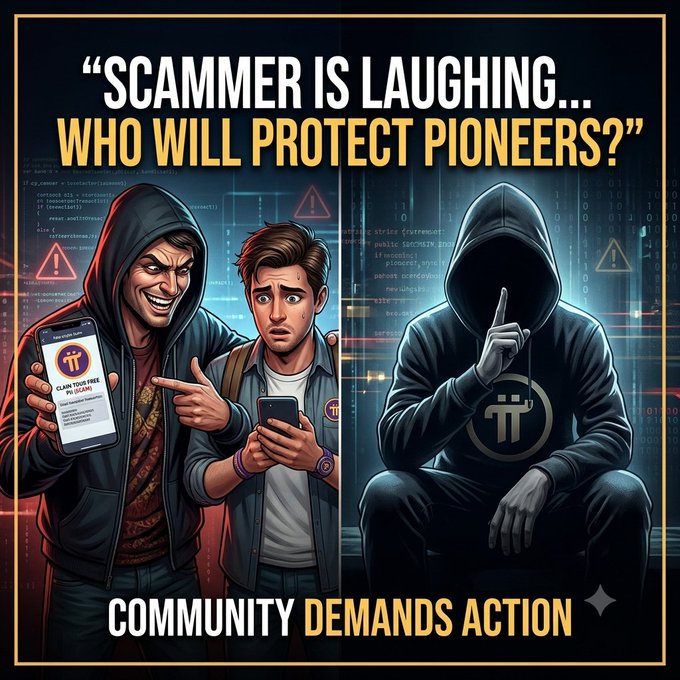 A dramatic comic-style illustration warns 'SCAMMER IS LAUGHING... WHO WILL PROTECT PIONEERS?' showing hooded figures exploiting a confused user on a smartphone, with 'COMMUNITY DEMANDS ACTION' at the bottom.