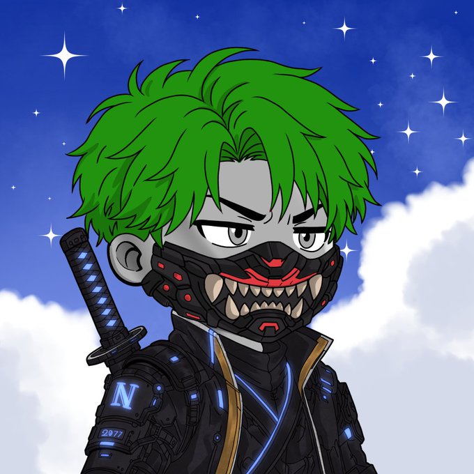 A chibi-style character with bright green hair and a menacing oni-style red and black mask stands against a starry blue sky with clouds, wearing futuristic black armor marked with the letter "N" and the number "2077" on the shoulder, with a katana strapped to his back. The artwork's exclusive collector-focused reveal aligns with the announcement that the piece is being launched in a phased rollout, with Phase 1 reserved specifically for collectors via whitelist application.