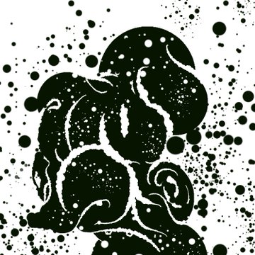 High-contrast black and white illustration depicting a stylized face or skull composed of textured, splattered shapes.