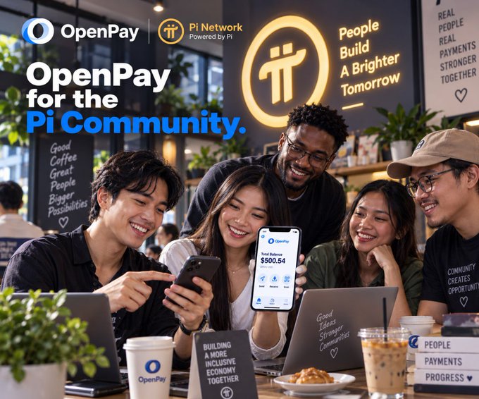 An advertisement for 'OpenPay for the Pi Community' showing a diverse group of people smiling at a phone displaying a $500.54 balance, alongside Pi Network branding and slogans like 'People Build A Brighter Tomorrow.'