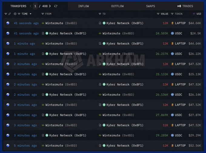 A cryptocurrency transaction tracker showing transfers of LAPTOP and USDC tokens between Wintermute (0x4B3) and Kyber Network (0x8F1).