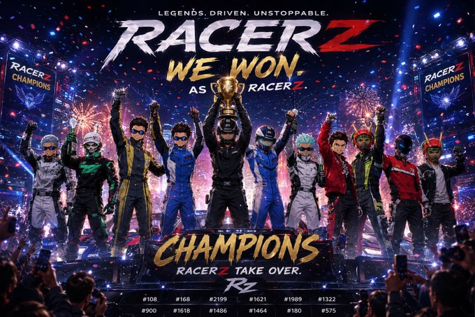 A vibrant promotional poster for 'RACERZ' titled 'CHAMPIONS - RACERZ TAKE OVER,' showing a group of racing-suited characters holding a trophy amid fireworks and confetti, with the tagline 'LEGENDS. DRIVEN. UNSTOPPABLE.'