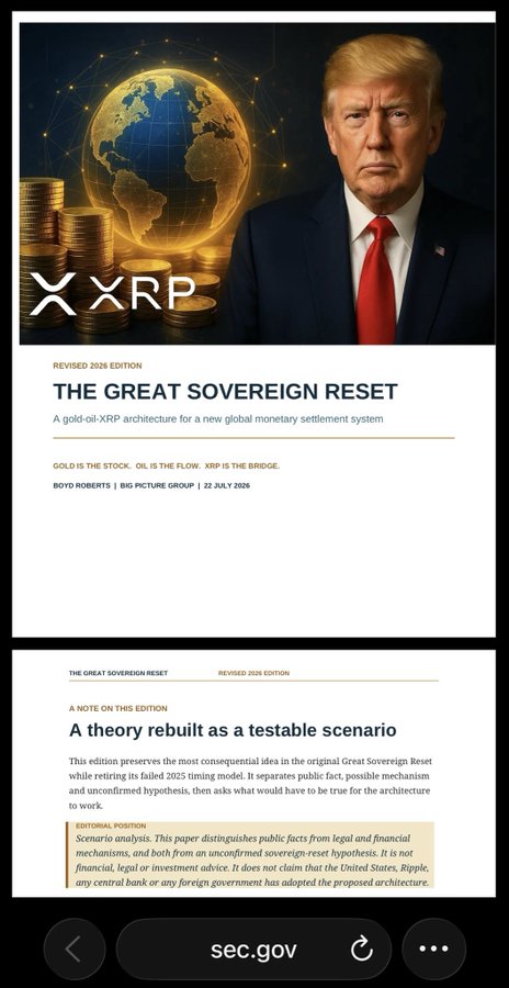 The image shows a document titled "THE GREAT SOVEREIGN RESET: A gold-oil-XRP architecture for a new global monetary settlement system," dated 22 July 2026 and authored by "BOYO ROBERTS | BIG PICTURE GROUP," featuring a portrait of Donald Trump alongside stacks of gold coins and an "XRP" logo over a globe. The visible URL "sec.gov" suggests it's styled to look like an official SEC filing, lending false credibility to speculative claims about XRP ($XRP) reaching $589—claims that align with the post's "Great Reset" conspiracy narrative but appear to be fabricated content, as the page itself notes no government has actually adopted the proposed architecture.