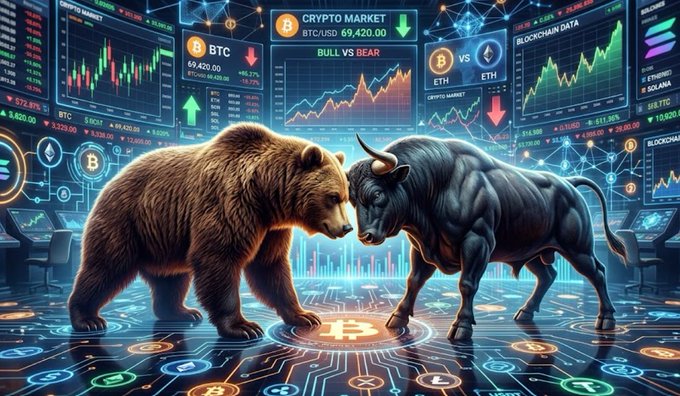 A digital illustration depicting a bullish crypto market scene with a bear and bull facing off in front of screens displaying BTC and ETH prices.