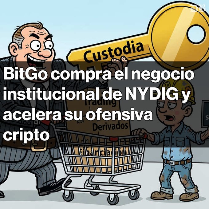 An illustration of a suited businessman pushing a shopping cart loaded with boxes labeled Custodia, Trading, Derivados, and Financia, with Spanish text stating "BitGo compra el negocio institucional de NYDIG y acelera su ofensiva cripto" (BitGo buys NYDIG's institutional business and accelerates its crypto offensive).