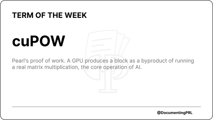 Term of the Week definition card explaining 'cuPOW' as Pearl's proof of work, where a GPU produces a block as a byproduct of running real matrix multiplication, the core operation of AI, from @DocumentingPRL.