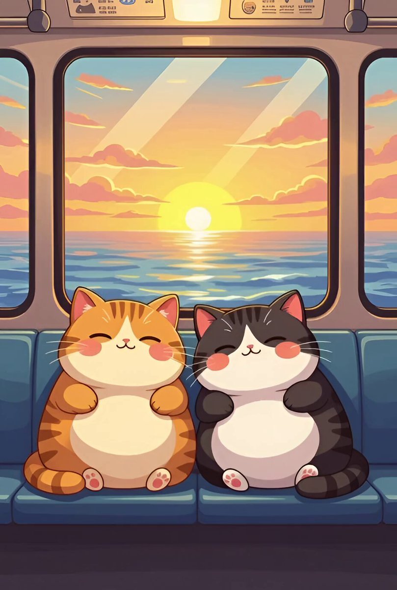 The image features two cats sitting side by side, both looking out a window at the sunset. The cats are positioned next to each other, with one cat being orange and the other black. They appear to be enjoying their time together as they gaze at the beautiful sunset outside.