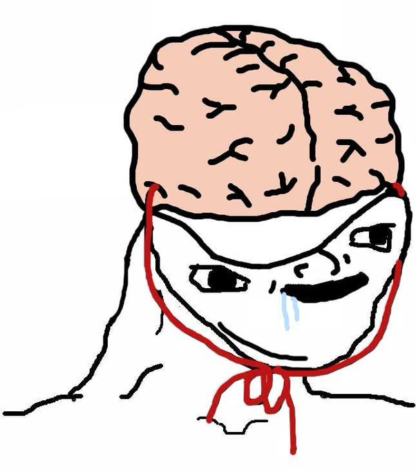 A 'Wojak' style cartoon drawing of a figure with an exposed brain, wearing a surgical mask with a drool droplet, and a red string/ribbon tied around its head.