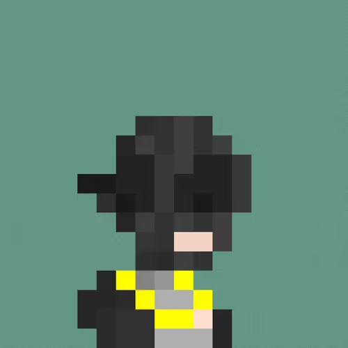 A low-resolution pixel art figure with black hair and a yellow outfit stands against a teal background.