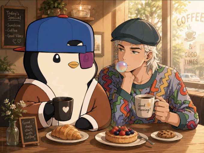 An anime-style illustration shows a penguin in a blue cap and a silver-haired young man in a patterned sweater sharing coffee and pastries at a cafe, with a 'Today's Special' menu and a 'COFFEE & GOOD TIMES' window sign.