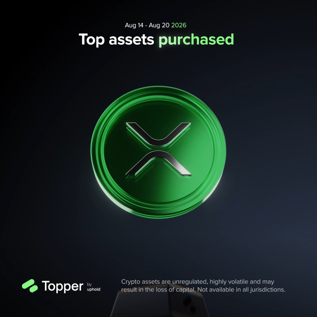 A dark promotional graphic dated "Aug 14 - Aug 20 2026" titled "Top assets purchased" features a large glowing green XRP coin with its distinctive X logo, alongside the Topper by Uphold branding and a disclaimer about crypto asset risks. The image highlights XRP as a featured top-purchased asset on the Topper platform, aligning with this week's ranking where XRP secured the #7 spot among Topper's top 10 purchased cryptocurrencies.