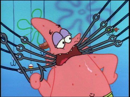 Patrick Star from SpongeBob SquarePants is shown tied up with ropes/hooks pulling in multiple directions, visually representing how the developer feels restrained and overstretched by attention and scrutiny from the a16z venture capital firm. The image humorously illustrates the post's message about a developer being "followed" and monitored by the prominent VC firm.